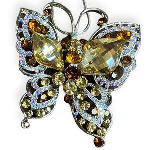 Butterfly Pendant Necklace Amber Yellow Crystal Silver Tone Snake Chain